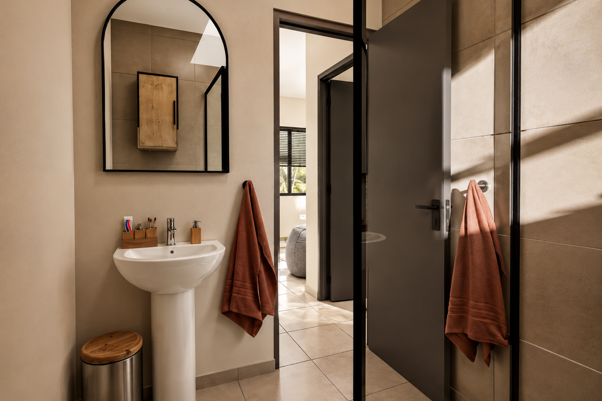 Modern bathroom featuring a pedestal sink, arched mirror, and neutral tiled finishes with a clean, contemporary aesthetic.