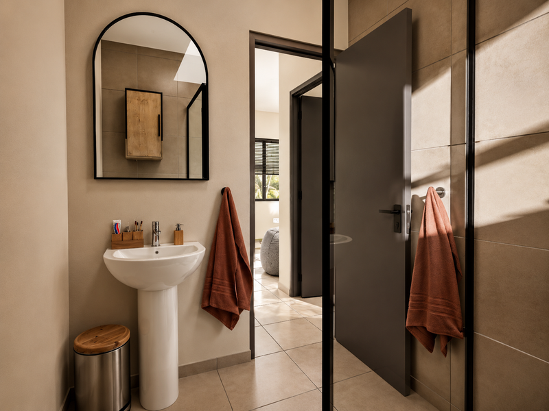 Modern bathroom featuring a pedestal sink, arched mirror, and neutral tiled finishes with a clean, contemporary aesthetic.