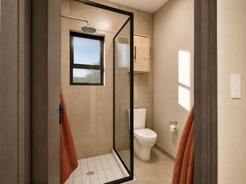 Modern bathroom featuring a walk-in shower with a black frame, rain shower head, toilet, and wall-mounted storage cabinet with neutral tiled finishes.
