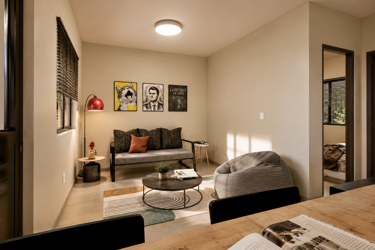 A well-lit living room featuring tiled flooring, modern ceiling lighting, and a sliding glass door providing access to the exterior.