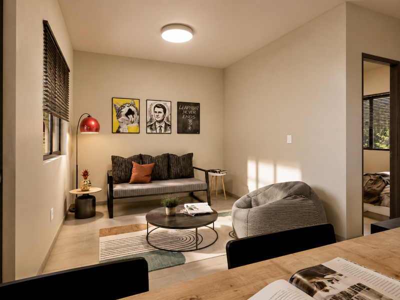 A well-lit living room featuring tiled flooring, modern ceiling lighting, and a sliding glass door providing access to the exterior.