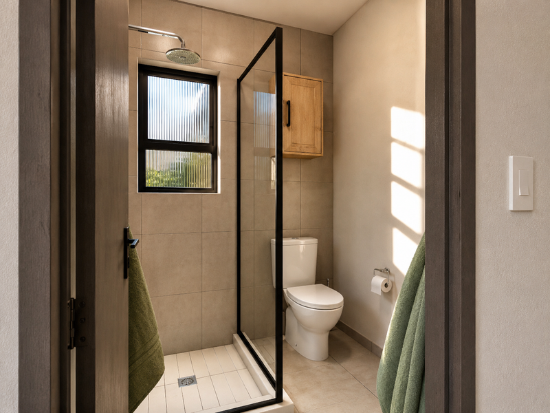 Modern bathroom featuring a walk-in shower with a black-framed glass screen, rain shower head, toilet, and wall-mounted storage cabinet with neutral tiling.