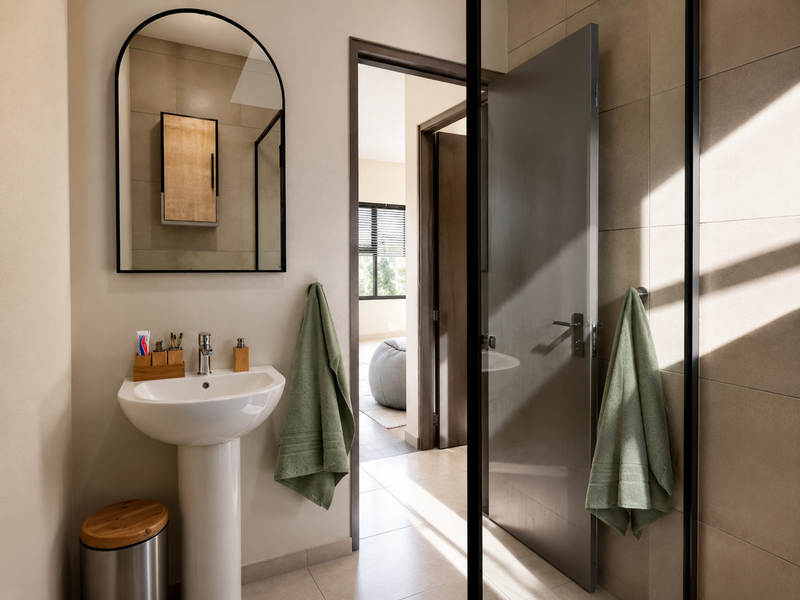 A modern bathroom featuring a pedestal sink, arched mirror, and neutral wall tiling, with a view leading into an adjacent room.