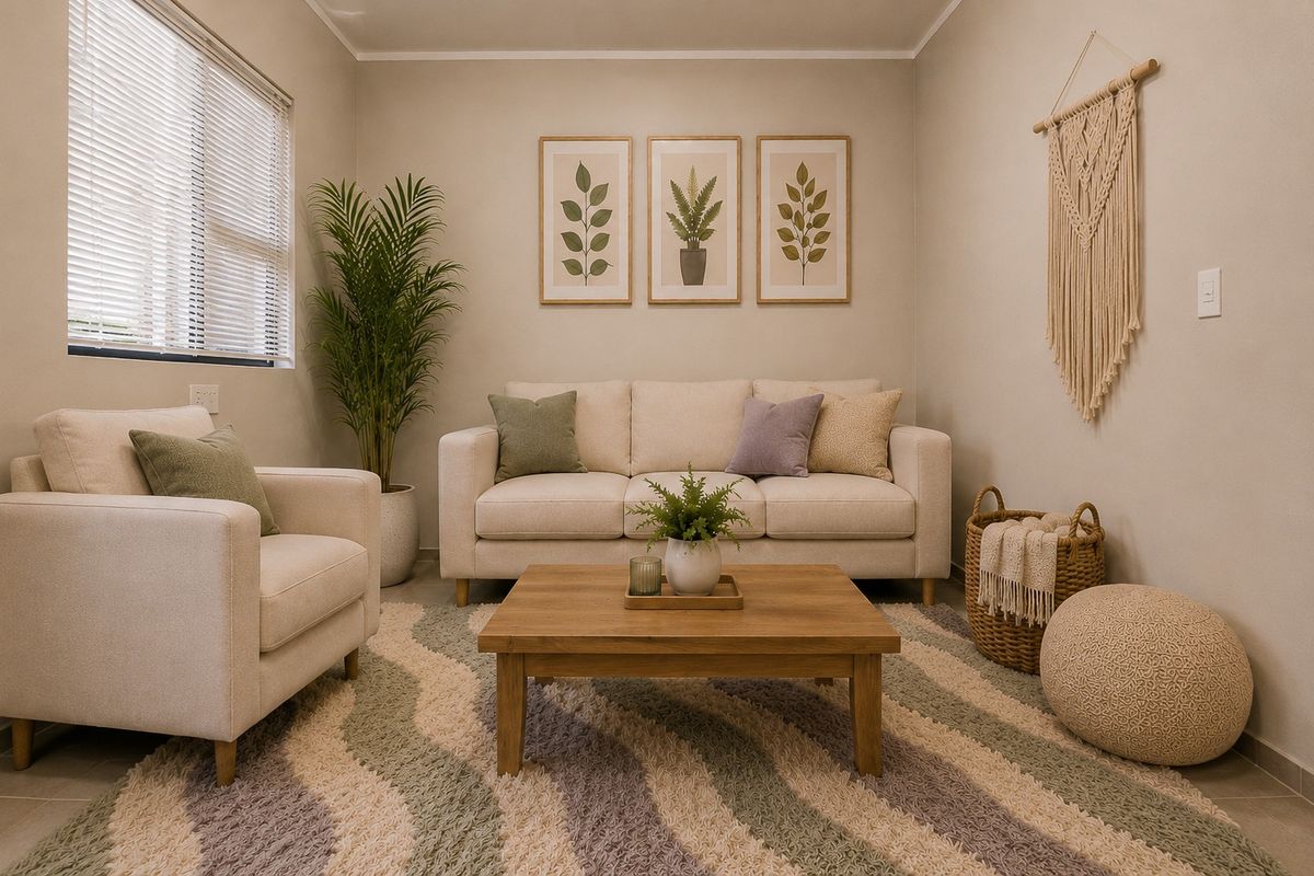 A well-maintained living room featuring neutral wall tones, tiled flooring, and venetian blinds, creating a bright and inviting atmosphere.