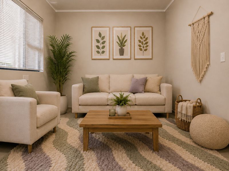 A well-maintained living room featuring neutral wall tones, tiled flooring, and venetian blinds, creating a bright and inviting atmosphere.
