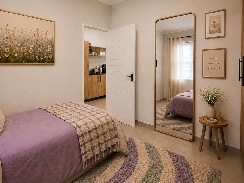 A well-maintained bedroom featuring tiled flooring, a built-in wardrobe, and a view into an adjacent kitchen area.