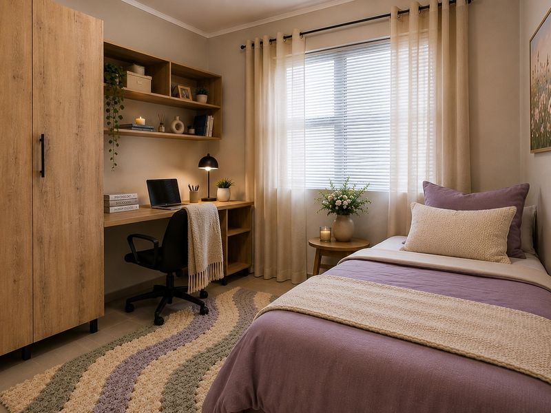 A well-appointed bedroom featuring a built-in wardrobe, integrated desk with shelving, and venetian blinds, offering a functional and comfortable living space.