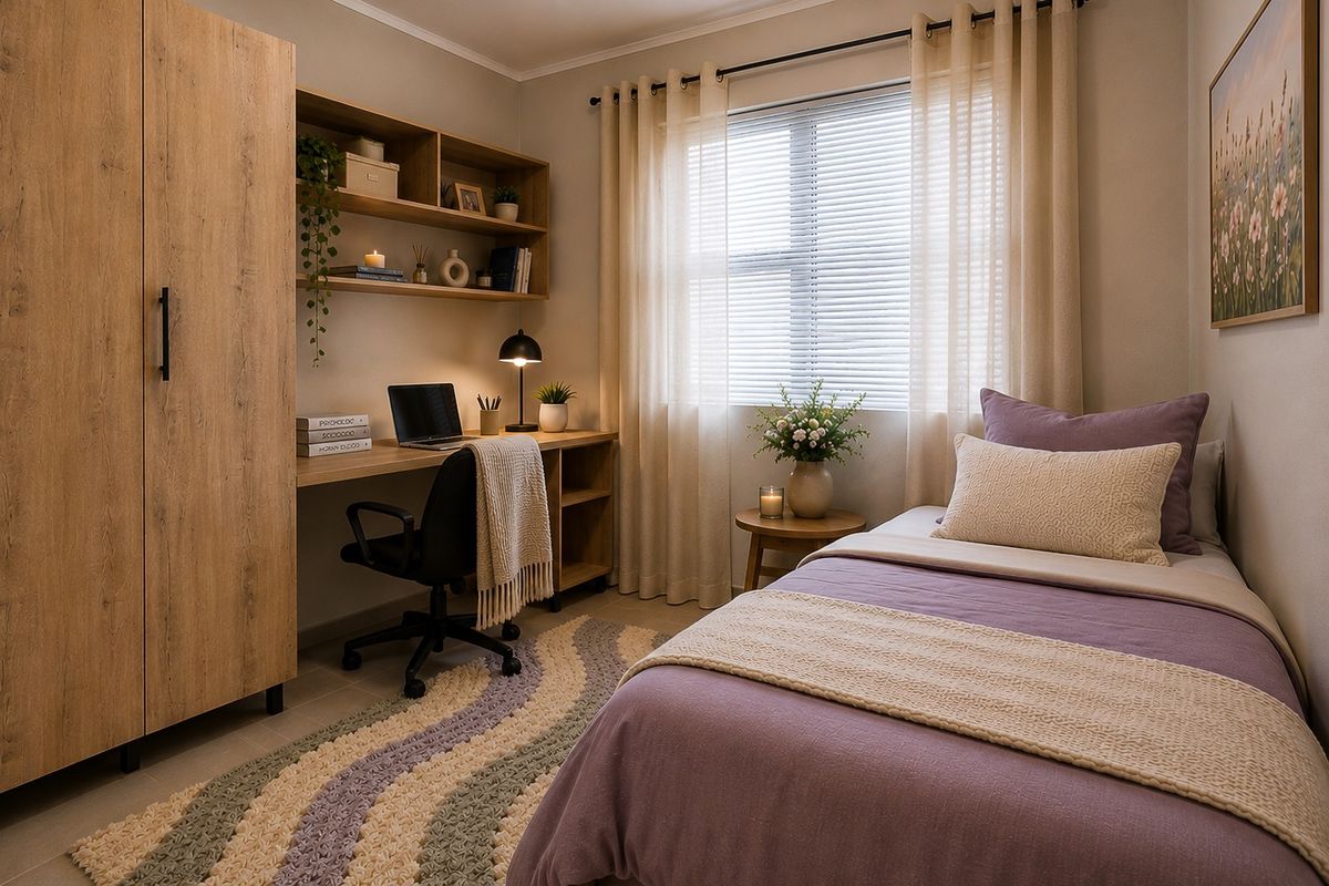 A well-appointed bedroom featuring a built-in wardrobe, integrated desk with shelving, and venetian blinds, offering a functional and comfortable living space.