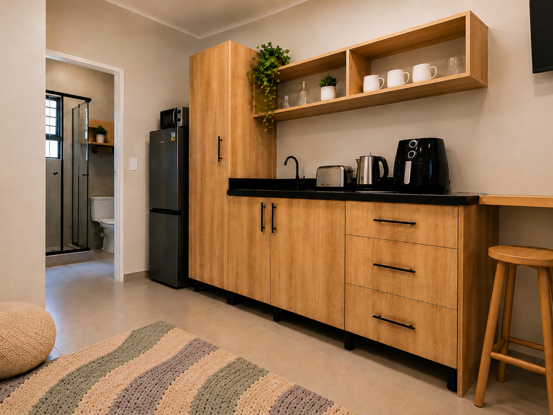 A modern kitchenette featuring light wood cabinetry, black stone countertops, open shelving, and a sleek faucet, with an adjacent bathroom visible.