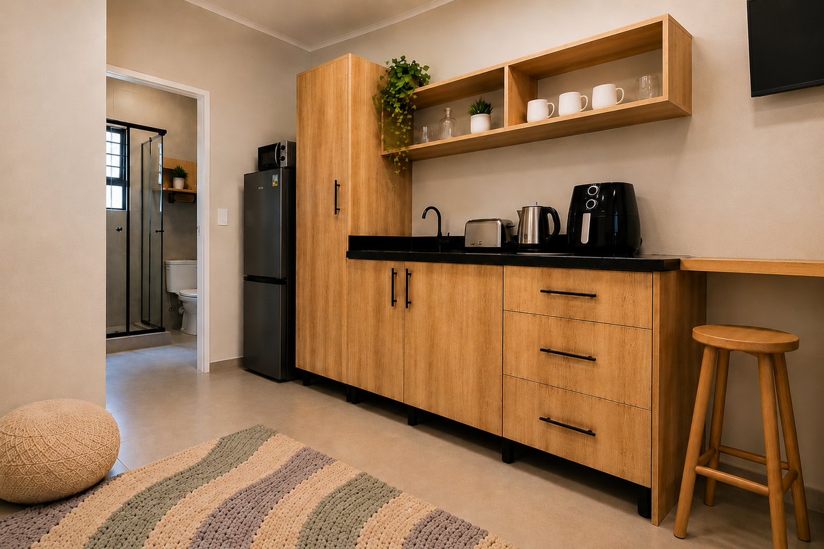 A modern kitchenette featuring light wood cabinetry, black stone countertops, open shelving, and a sleek faucet, with an adjacent bathroom visible.