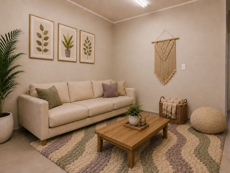 A well-maintained living room featuring neutral wall tones, tiled flooring, and clean architectural lines, providing a comfortable and inviting space.