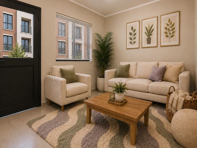 A well-maintained living room featuring neutral wall tones, tiled flooring, and a large window with venetian blinds providing natural light.