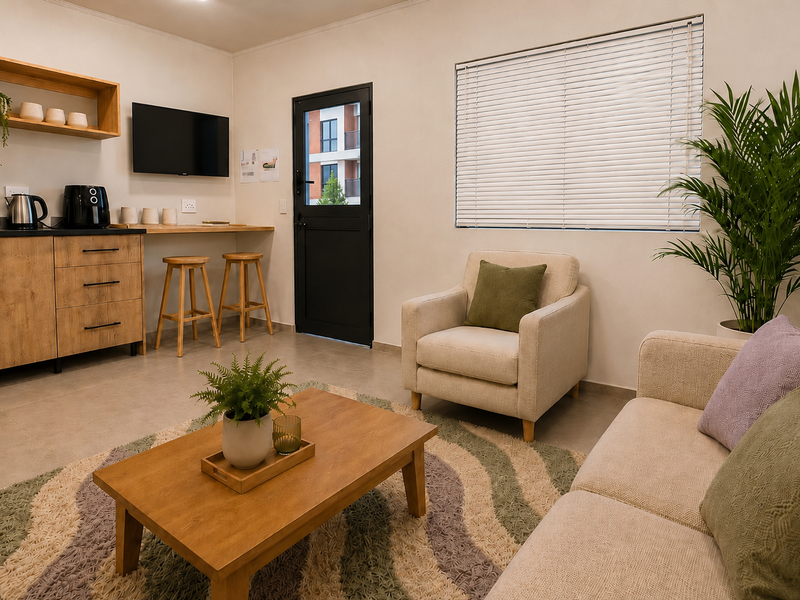 A modern open-plan living area featuring a compact kitchenette with wood-finish cabinetry, tiled floors, and a door leading to the exterior.