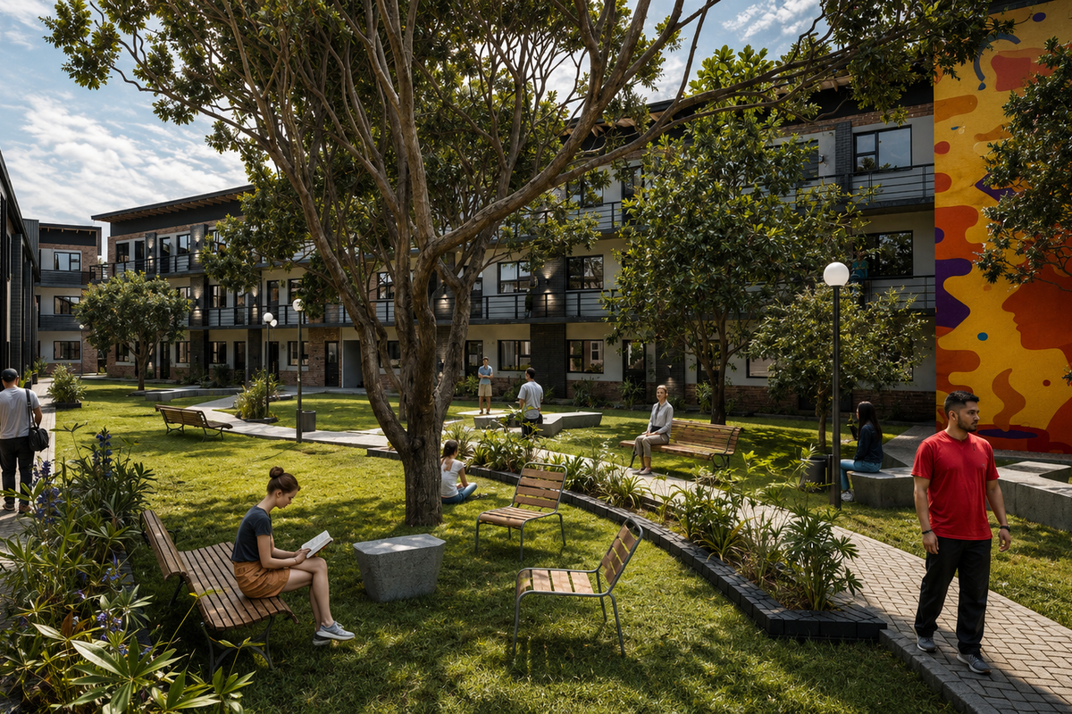 A well-maintained communal garden area between apartment blocks, featuring paved pathways, mature trees, and modern brick architecture with balcony access.