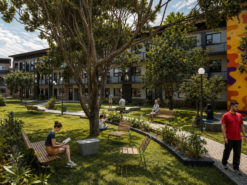 A well-maintained communal garden area between apartment blocks, featuring paved pathways, mature trees, and modern brick architecture with balcony access.