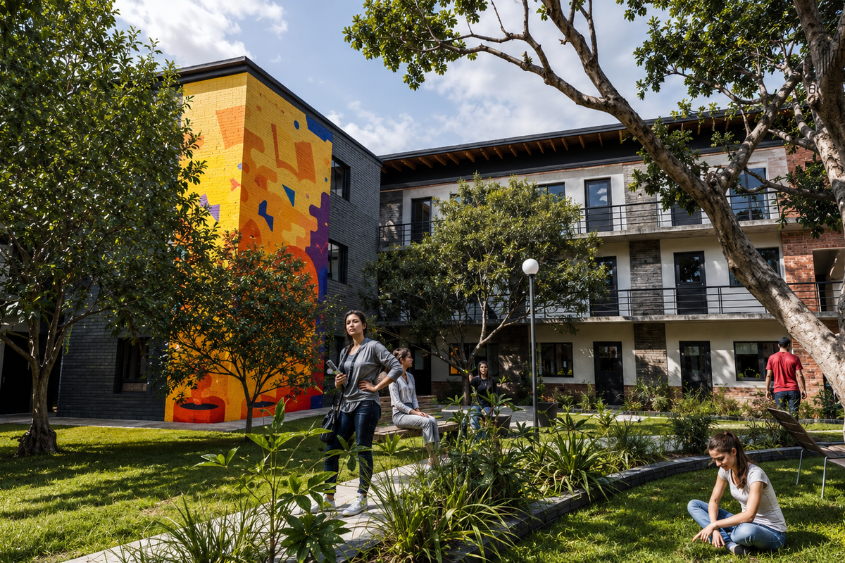 A well-maintained apartment complex courtyard featuring a vibrant mural, landscaped garden areas, paved walkways, and multi-level balcony access.
