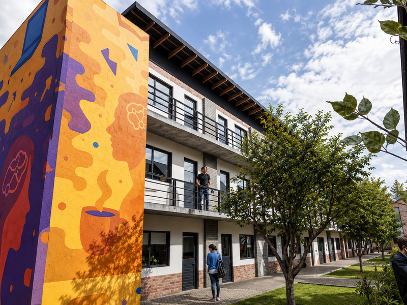 Exterior view of a modern apartment building featuring a vibrant mural, multi-level balconies with metal railings, and a paved walkway.