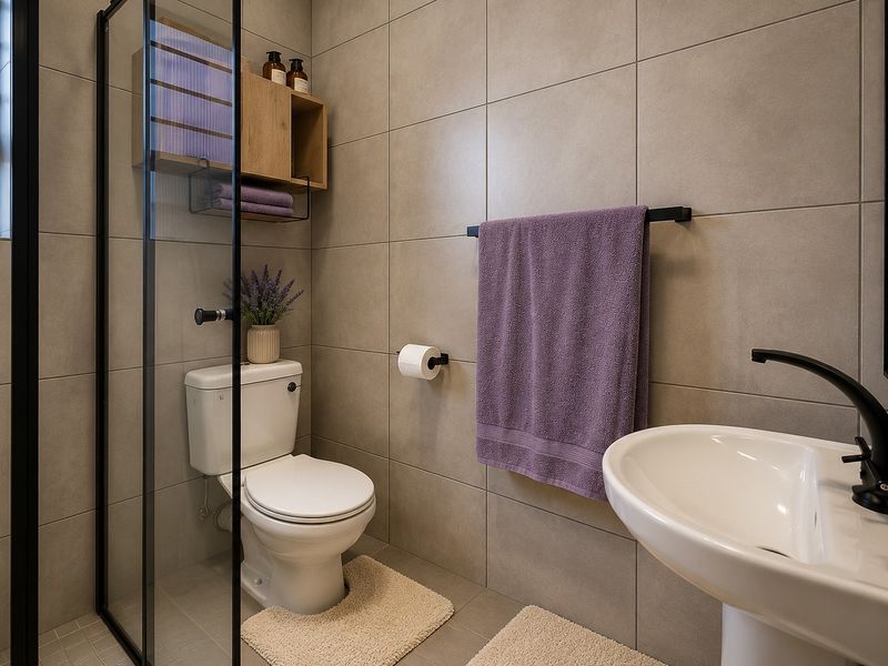 Modern bathroom featuring neutral wall tiles, a pedestal basin with black tapware, and a glass-enclosed shower area.