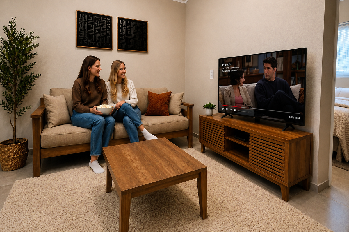 A well-maintained living room featuring neutral wall tones, tiled flooring, and a clean, modern layout suitable for comfortable relaxation.