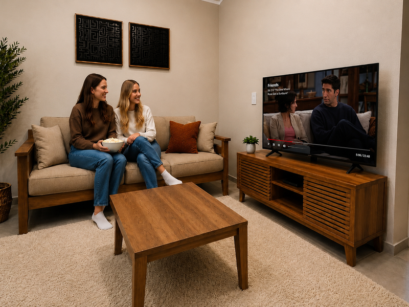 A well-maintained living room featuring neutral wall tones, tiled flooring, and a clean, modern layout suitable for comfortable relaxation.