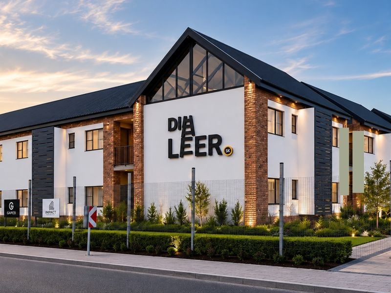 Modern apartment complex exterior featuring a striking gabled roof, brick accents, and well-maintained landscaped grounds at dusk.