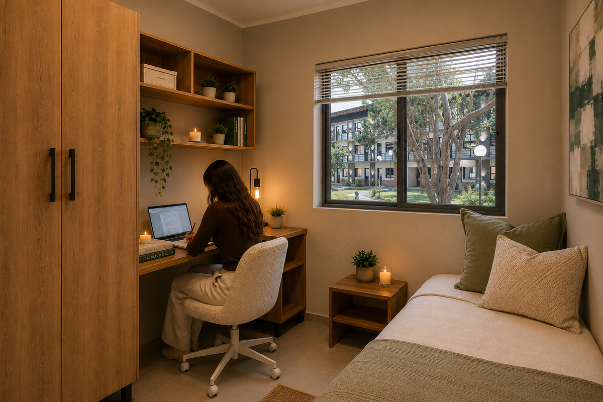 A well-appointed bedroom featuring a built-in desk, integrated shelving, and a spacious wardrobe, with large windows overlooking the apartment complex grounds.