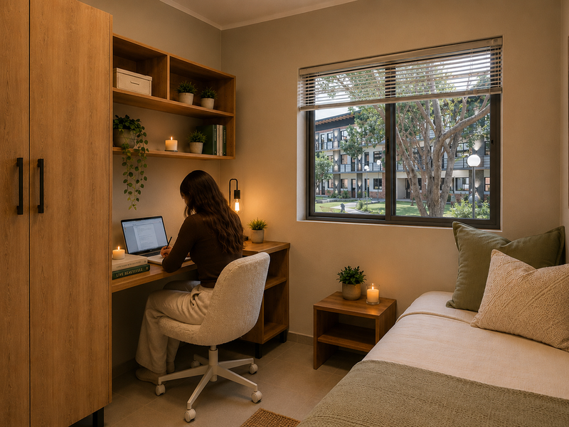 A well-appointed bedroom featuring a built-in desk, integrated shelving, and a spacious wardrobe, with large windows overlooking the apartment complex grounds.