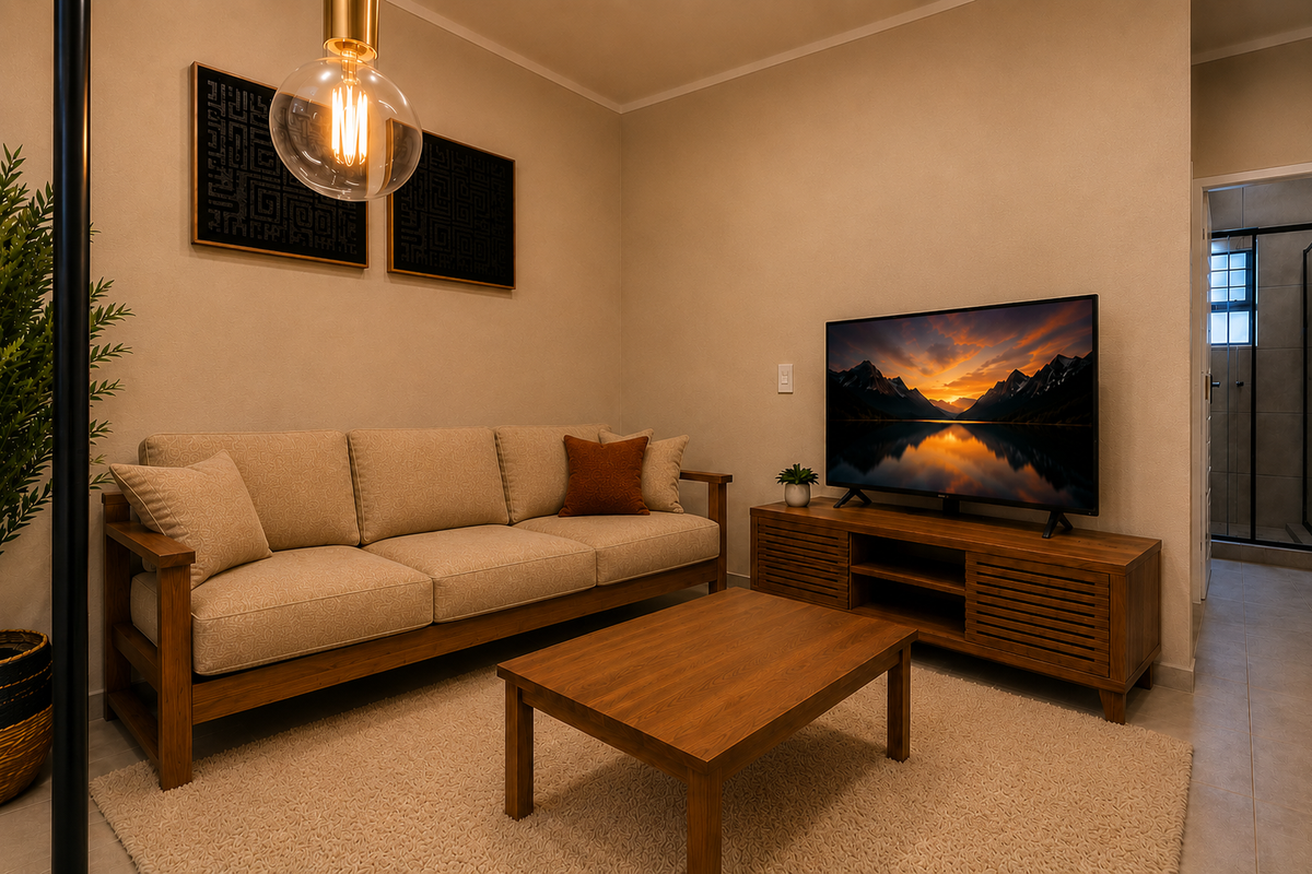 A well-maintained living room featuring tiled flooring and warm pendant lighting, providing a comfortable and inviting atmosphere.