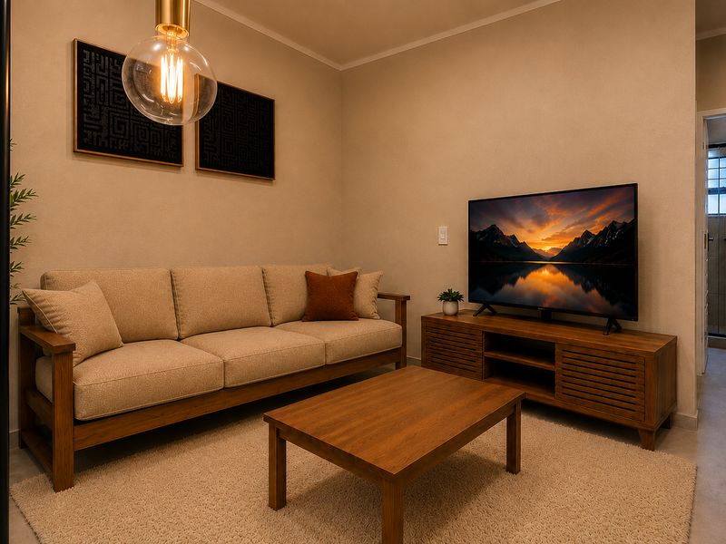 A well-maintained living room featuring tiled flooring and warm pendant lighting, providing a comfortable and inviting atmosphere.