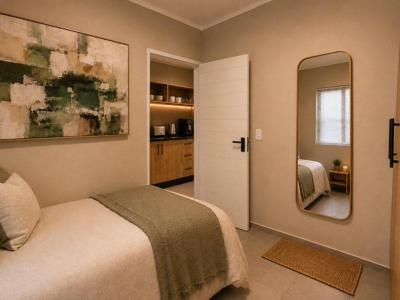 A well-maintained bedroom featuring neutral tones, tiled flooring, and an adjoining scullery or kitchenette area with built-in cabinetry.