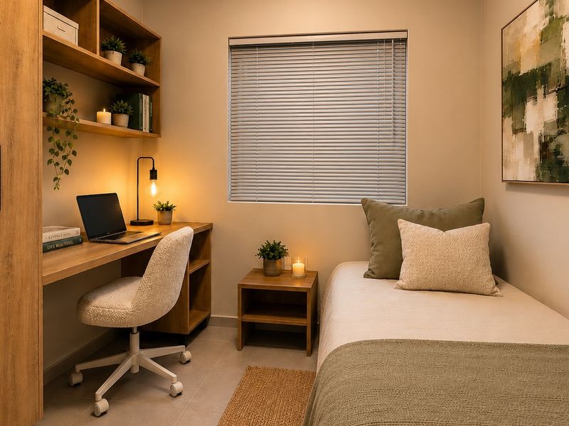 A compact bedroom featuring a built-in desk and shelving unit, neutral wall finishes, and venetian blinds for privacy.