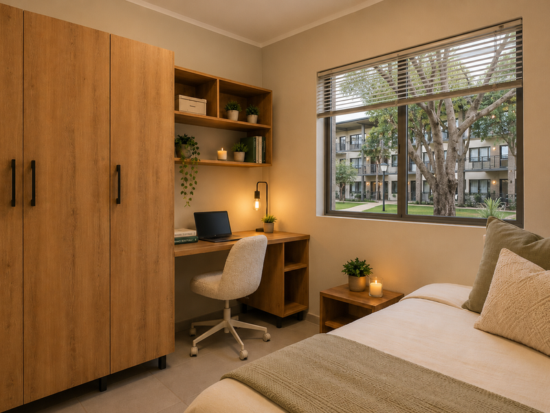A well-lit bedroom featuring a built-in wardrobe, integrated desk with shelving, and a large window with venetian blinds overlooking the apartment complex grounds.