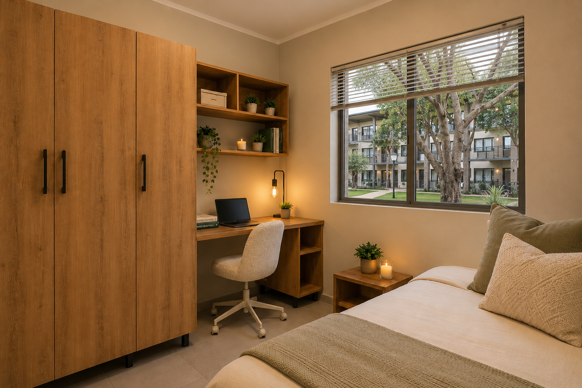 A well-lit bedroom featuring a built-in wardrobe, integrated desk with shelving, and a large window with venetian blinds overlooking the apartment complex grounds.