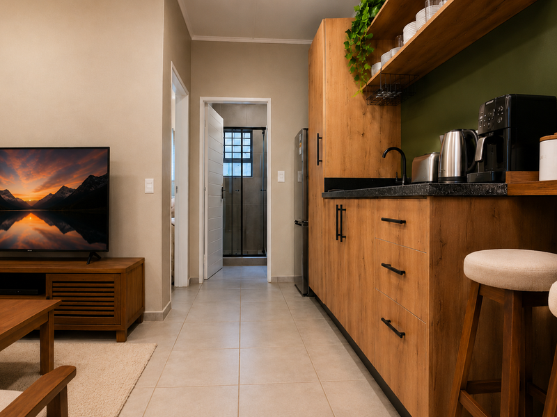 Modern open-plan living area featuring a sleek kitchenette with wood-finish cabinetry, stone countertops, and tiled flooring, leading to an internal hallway.