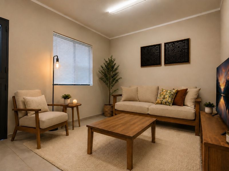 A well-maintained living room featuring neutral walls, tiled flooring, and a stable door providing access to the exterior.