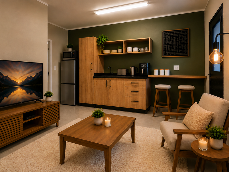 A modern open-plan living area featuring a compact kitchenette with wood-finish cabinetry, a breakfast bar, and neutral tiled flooring.