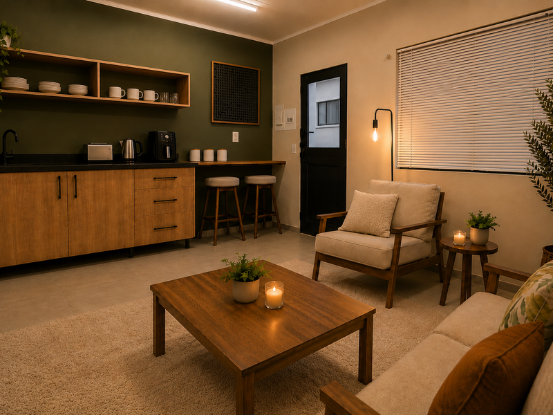 A modern open-plan living area featuring a kitchenette with wood-finish cabinetry, dark countertops, and a comfortable lounge space with neutral tones.
