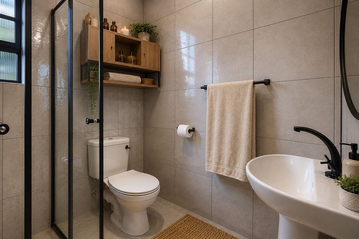 Modern bathroom featuring a walk-in shower with black frame, pedestal basin with black tapware, and neutral wall tiling.