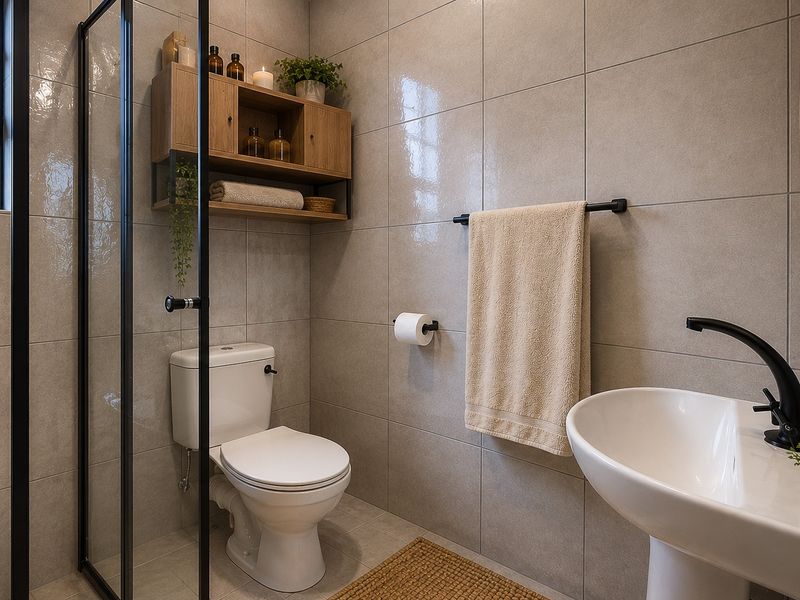 Modern bathroom featuring a walk-in shower with black frame, pedestal basin with black tapware, and neutral wall tiling.