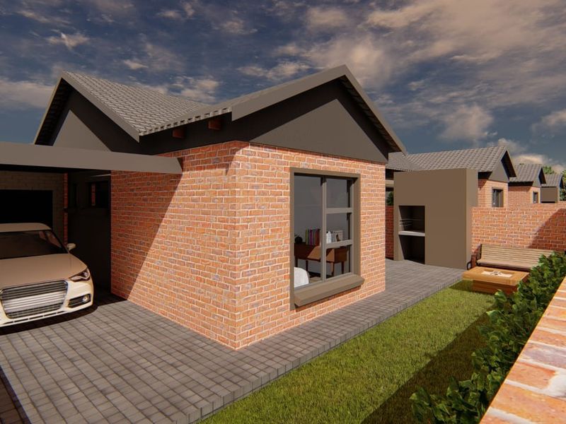 A modern townhouse exterior featuring a face-brick facade, tiled roof, paved driveway, and a private outdoor area with a built-in braai.