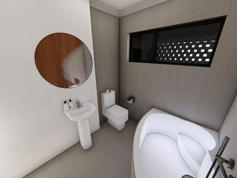 Modern bathroom featuring a corner bathtub, pedestal basin, toilet, and contemporary grey wall tiling with a sleek horizontal window.