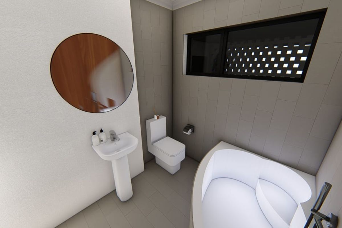 Modern bathroom featuring a corner bathtub, pedestal basin, toilet, and contemporary grey wall tiling with a sleek horizontal window.