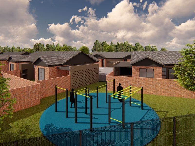 A 3D architectural rendering of a communal outdoor gym area featuring fixed exercise equipment set within a residential townhouse complex.