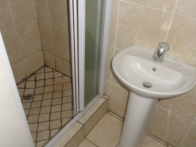 A compact bathroom featuring a pedestal basin with a chrome mixer tap and a shower enclosure with tiled finishes.