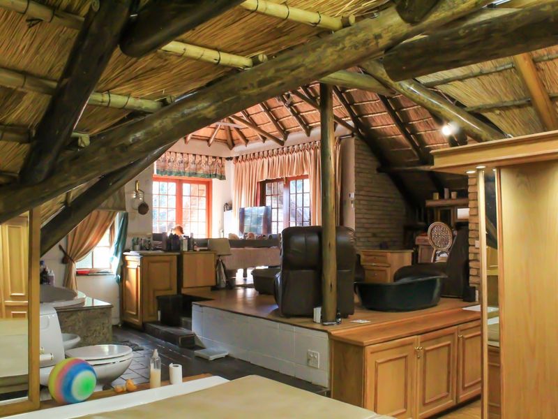An open-plan loft space featuring a rustic exposed thatch roof, timber beams, and integrated bathroom and living areas with a unique multi-level layout.