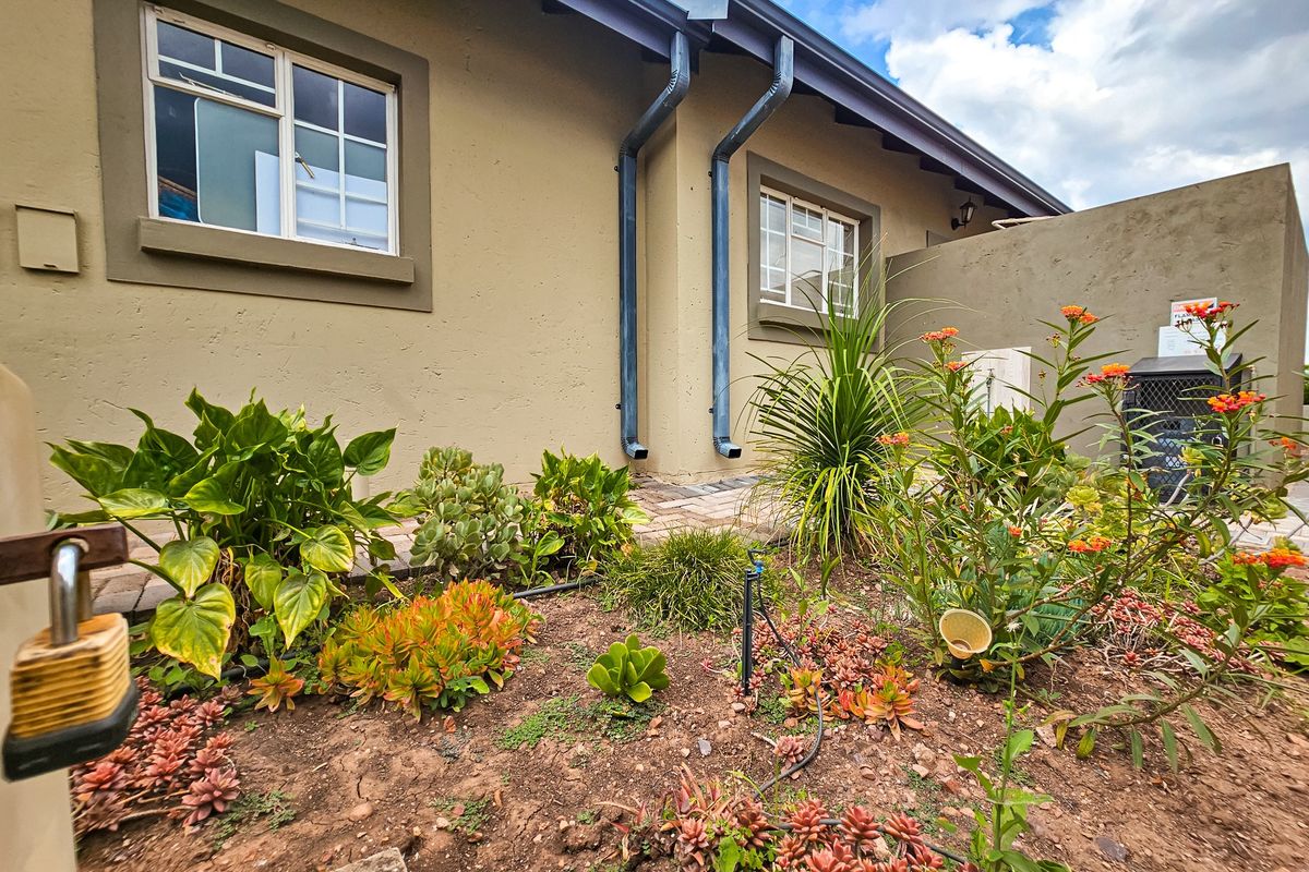 A view of the rear exterior of the townhouse, featuring a landscaped garden bed with established plants and visible drainage downpipes.