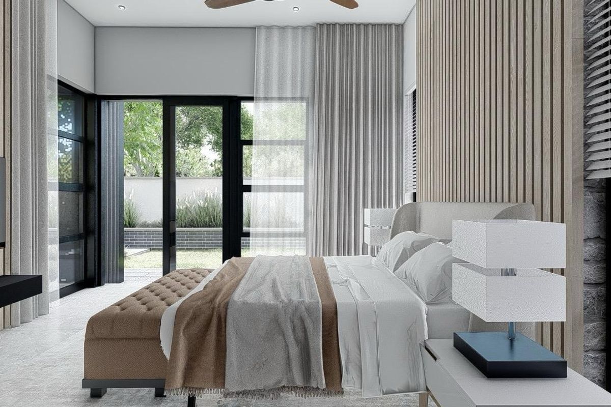 Modern bedroom featuring timber slat wall paneling, large glass sliding doors leading to a private patio, and high-quality finishes throughout.