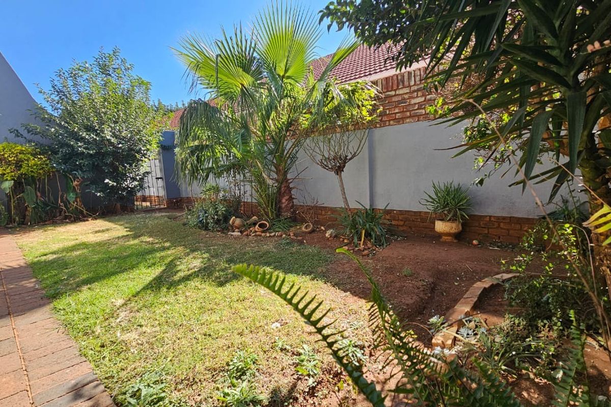 A private rear garden featuring a paved walkway, established palm trees, and perimeter boundary walls.