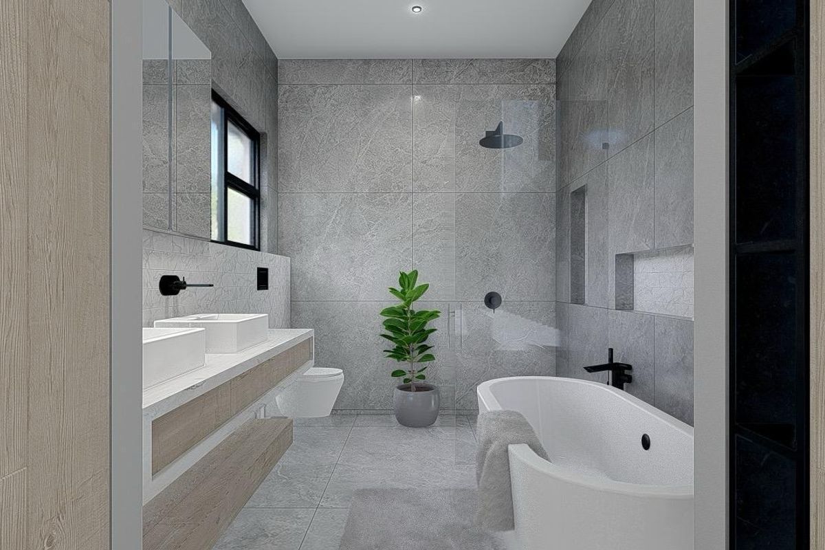Modern bathroom featuring a floating vanity with dual basins, a freestanding bathtub, a glass-enclosed walk-in shower, and contemporary grey floor-to-ceiling tiling.