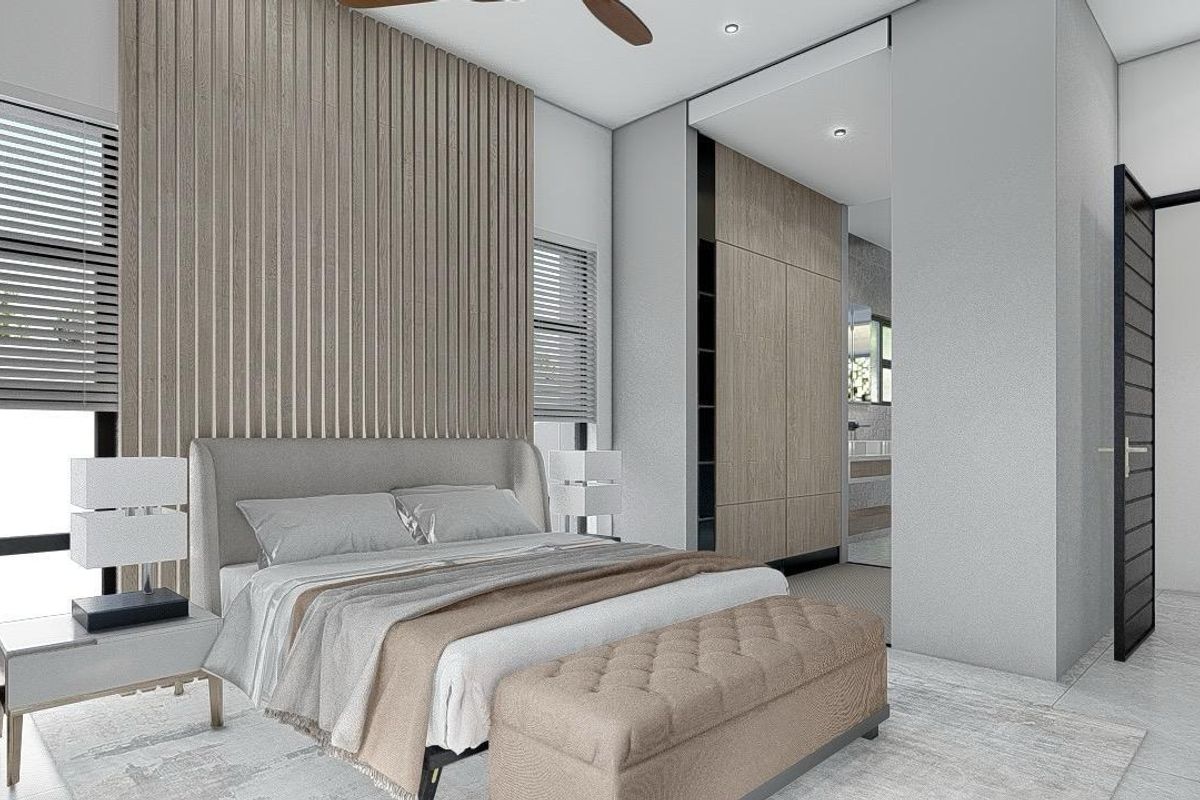 Modern bedroom featuring a vertical timber slat feature wall, integrated cabinetry, and an en-suite bathroom entrance with contemporary finishes.